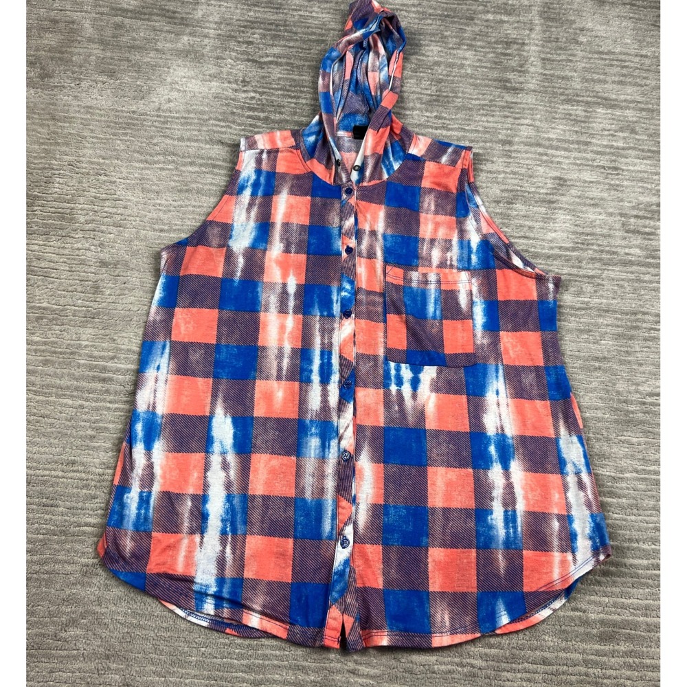Eye Candy Sleeveless Hoodie Womens 3X Orange Blue Plaid Tie Dye Button Up Top